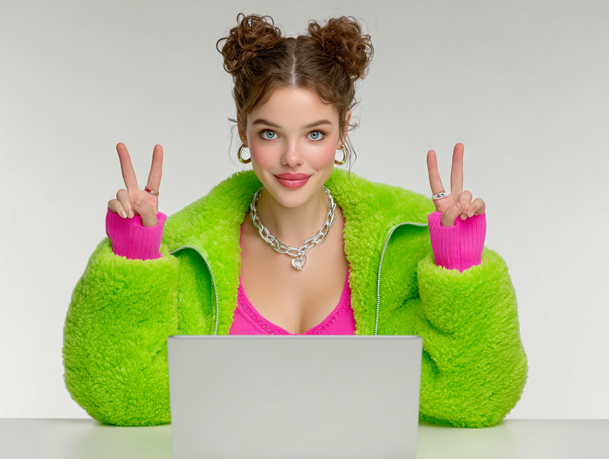 Woman in a brightly colored outfit sitting in front of her computer holding up the peace sign with her fingers.