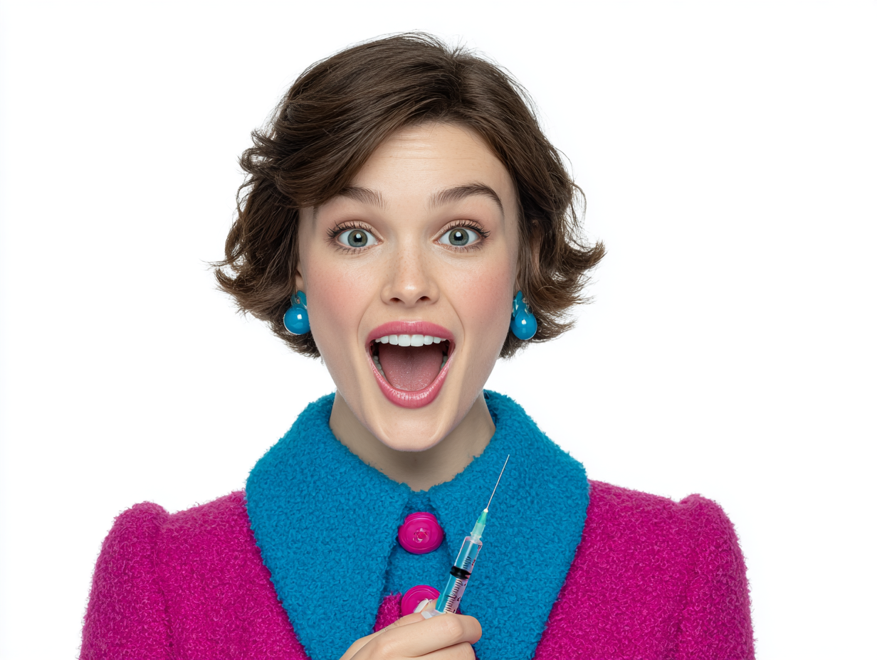 Woman in a bright pink and blue outfit. She's holding a syringe with a big smile on her face.