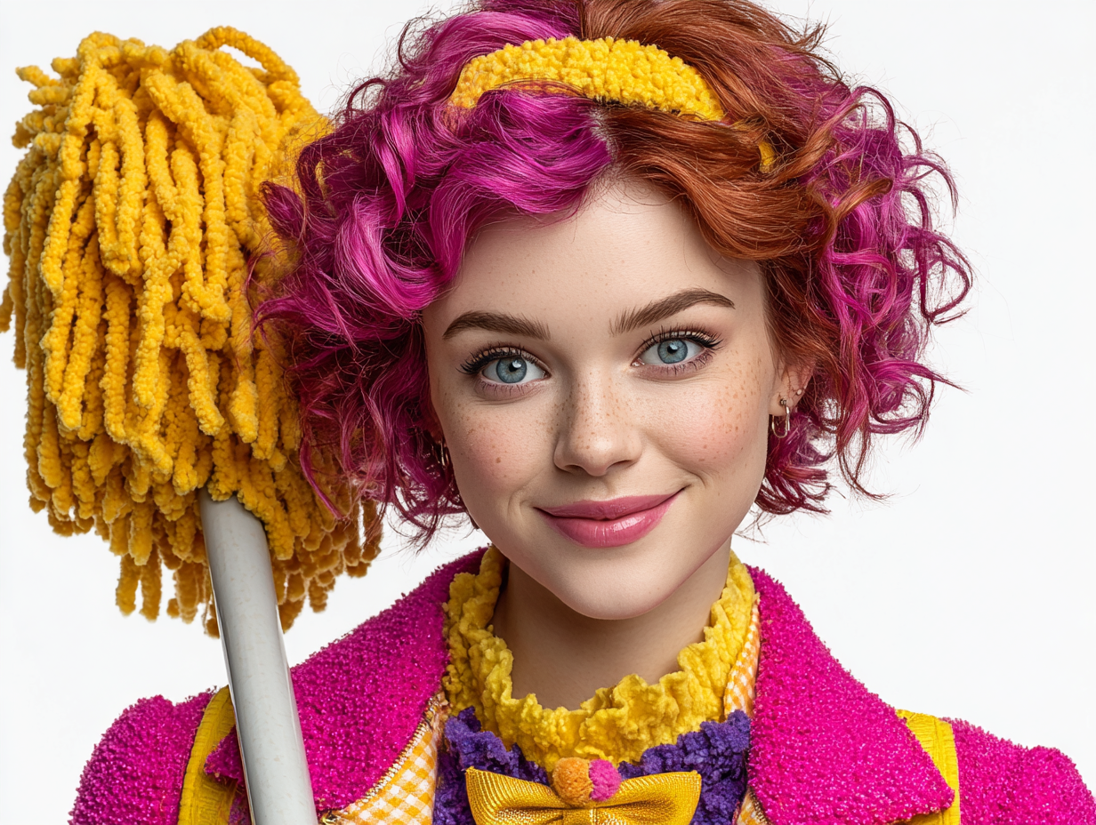 Brightly dressed woman holding a mop.