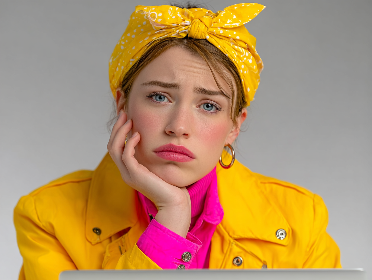Woman in a brightly colored outfit sitting in front of her laptop with a look of frustration on her face.