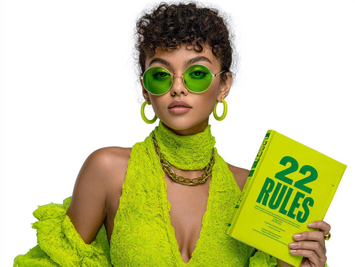 Woman in a bright green outfit holding a book called "22 Rules"